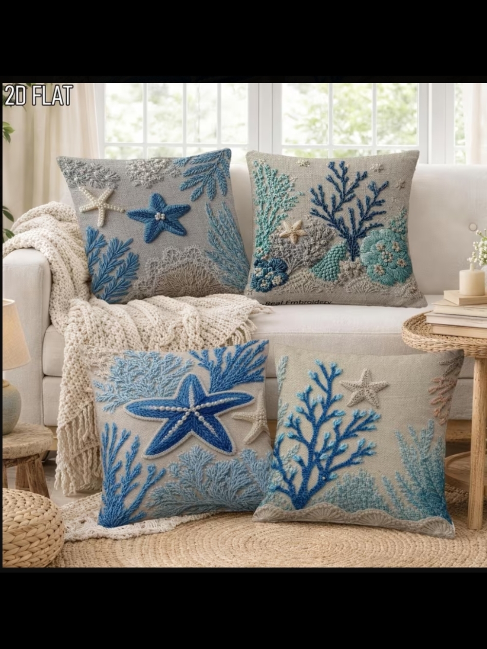 4pcs. Coastal Starfish & Coral Embroidered Throw Pillows - Blue Gray